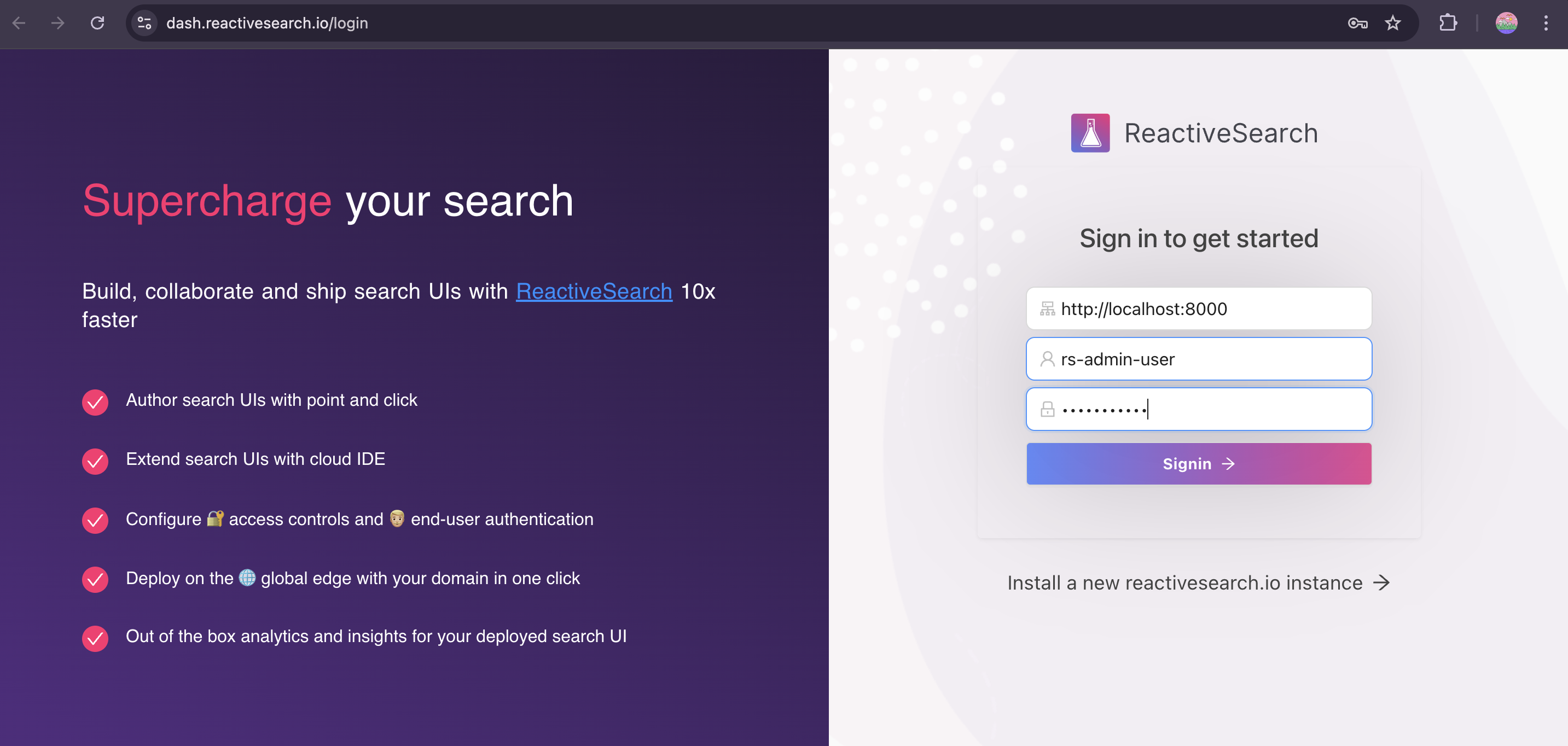 ReactiveSearch Dashboard Login